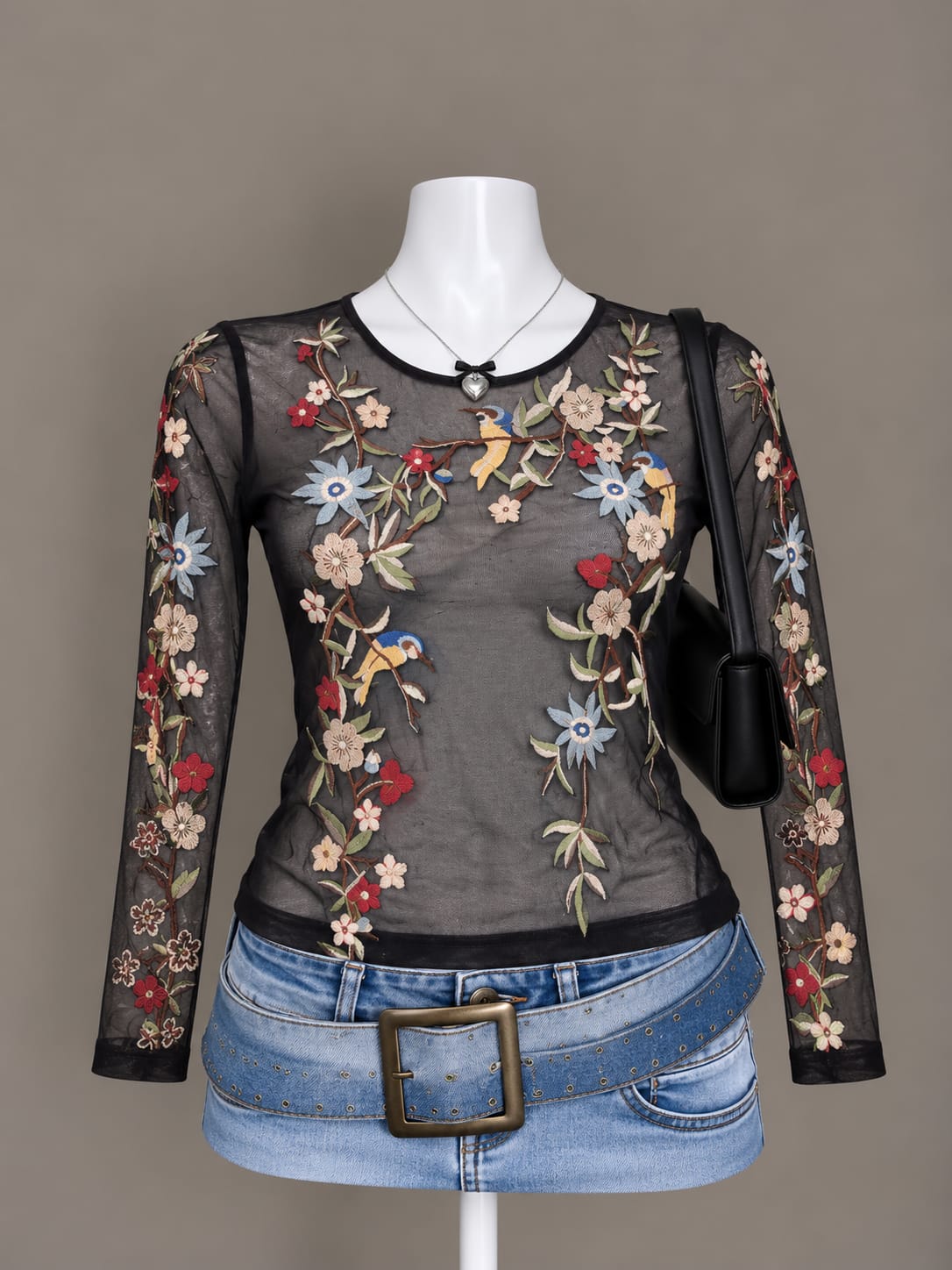 Black Floral Mesh Top