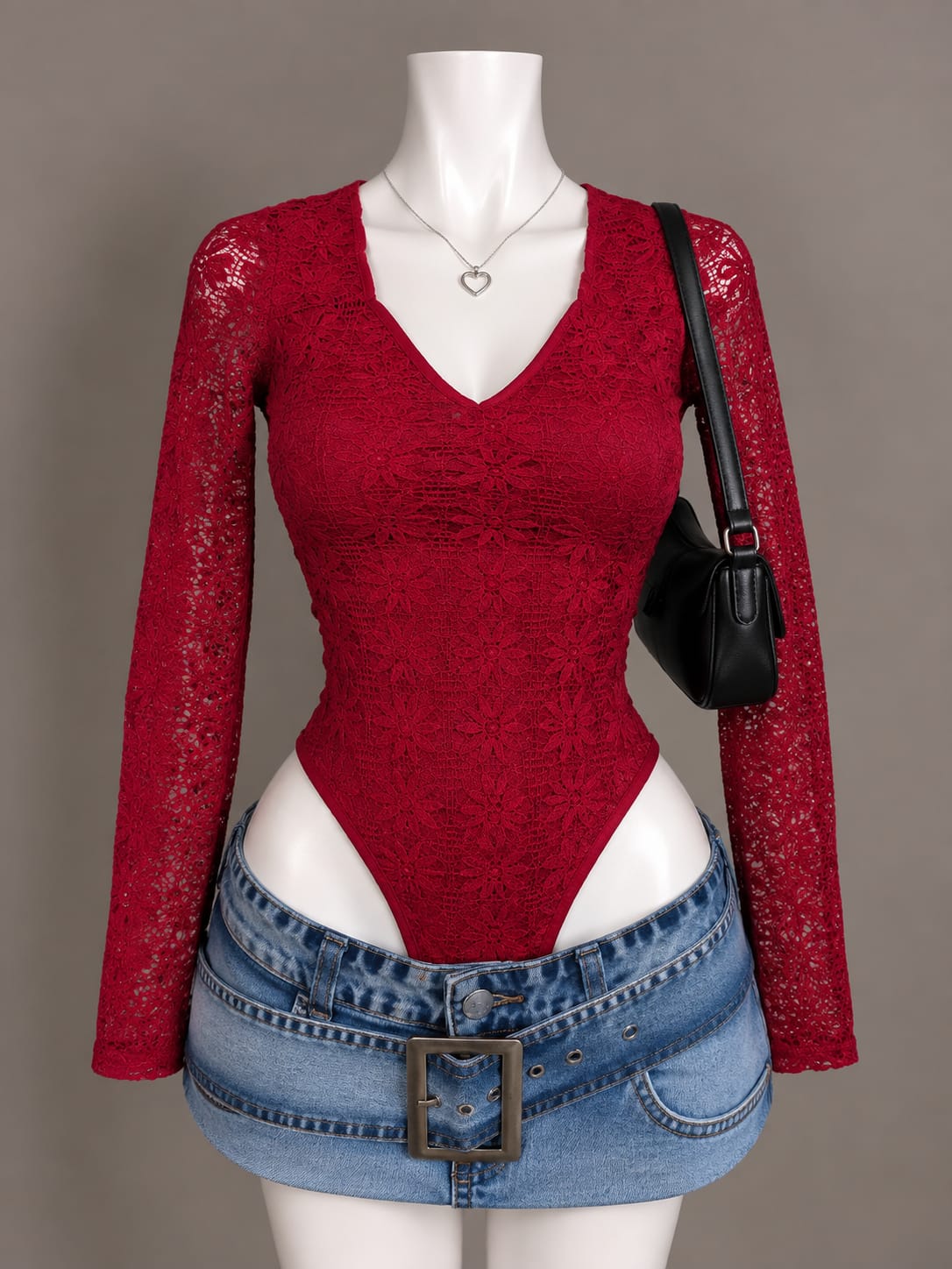 Red Lace Long Sleeve Bodysuit