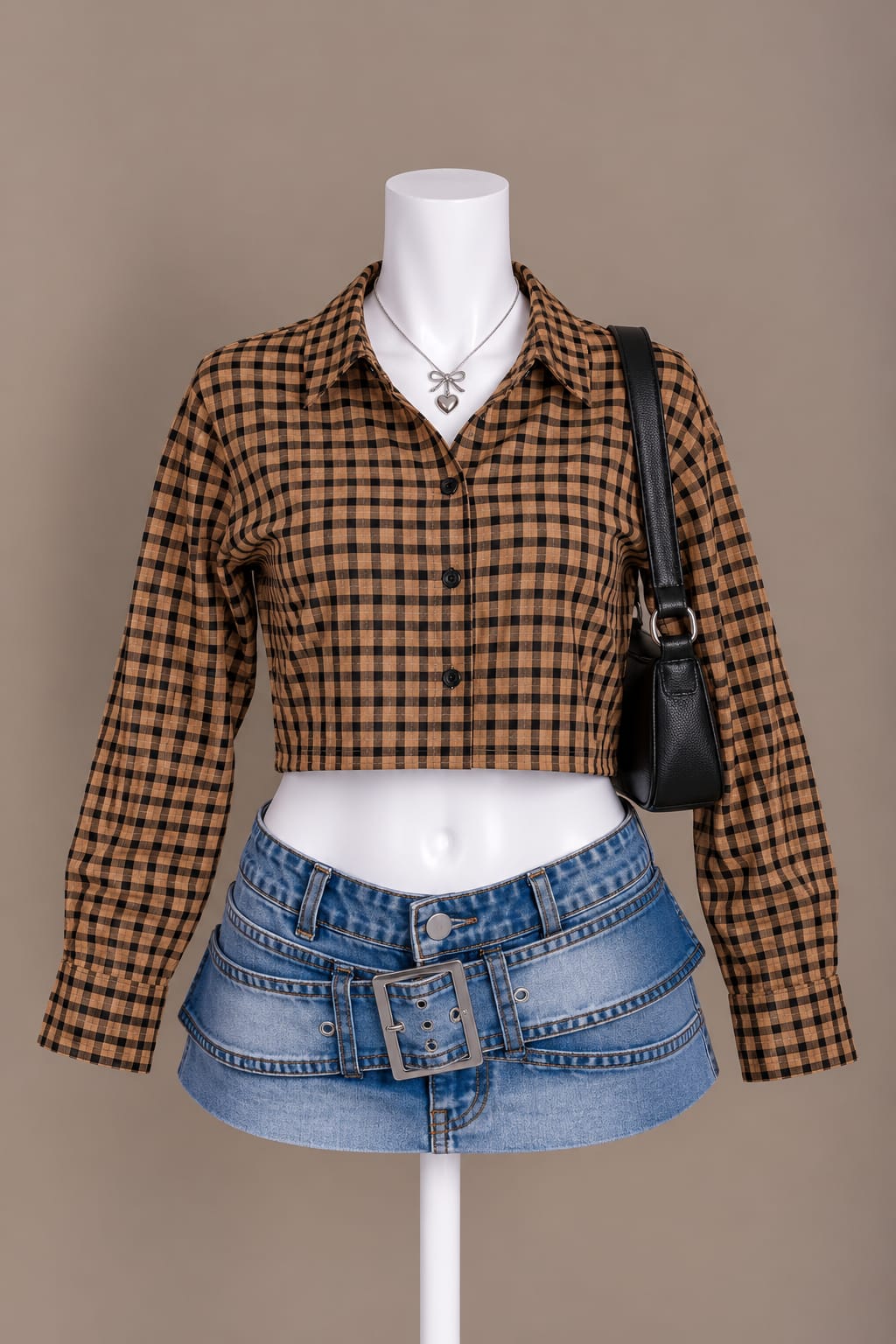 Brown Checkered Crop Shirt