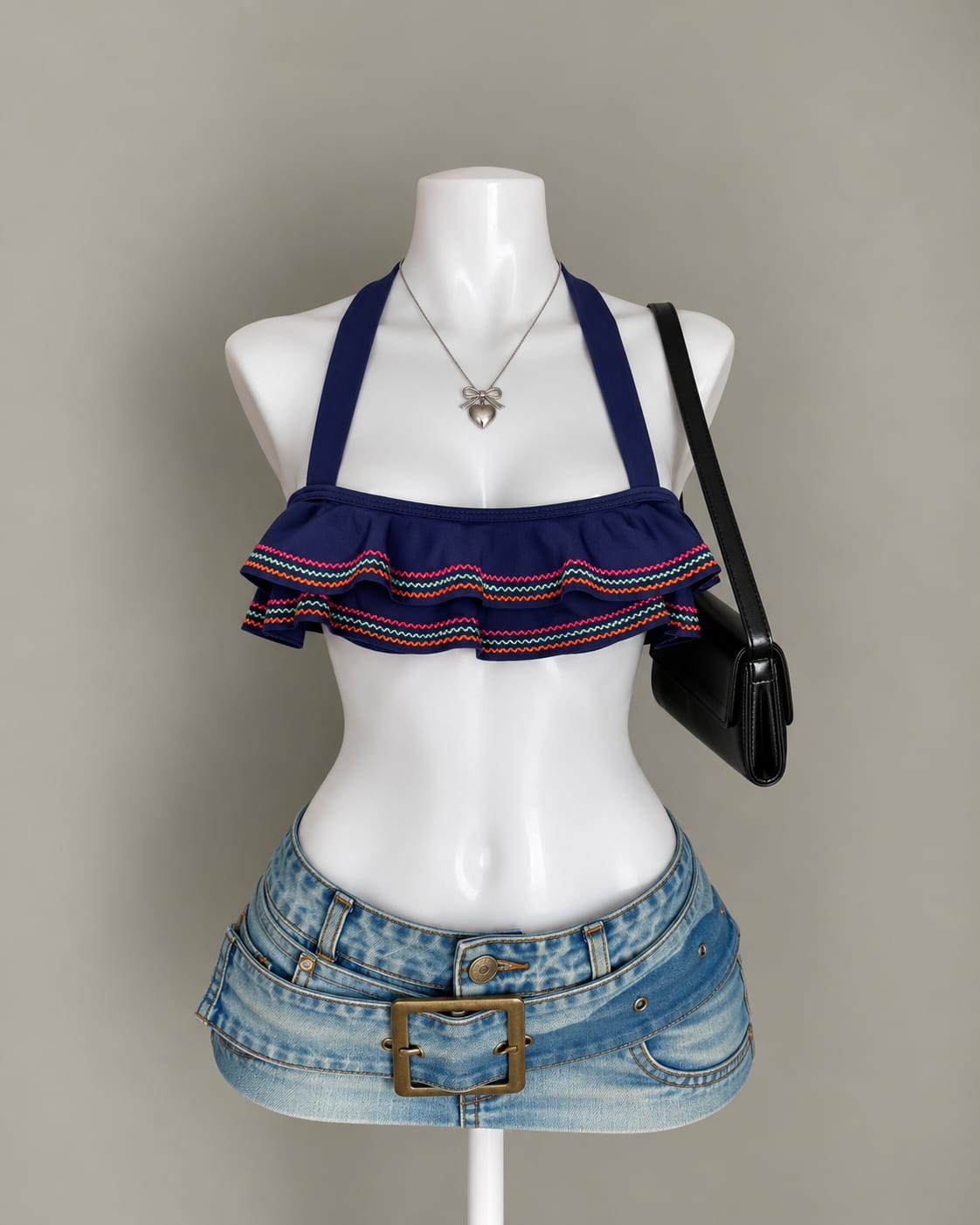 Navy Ruffle Bikini Top
