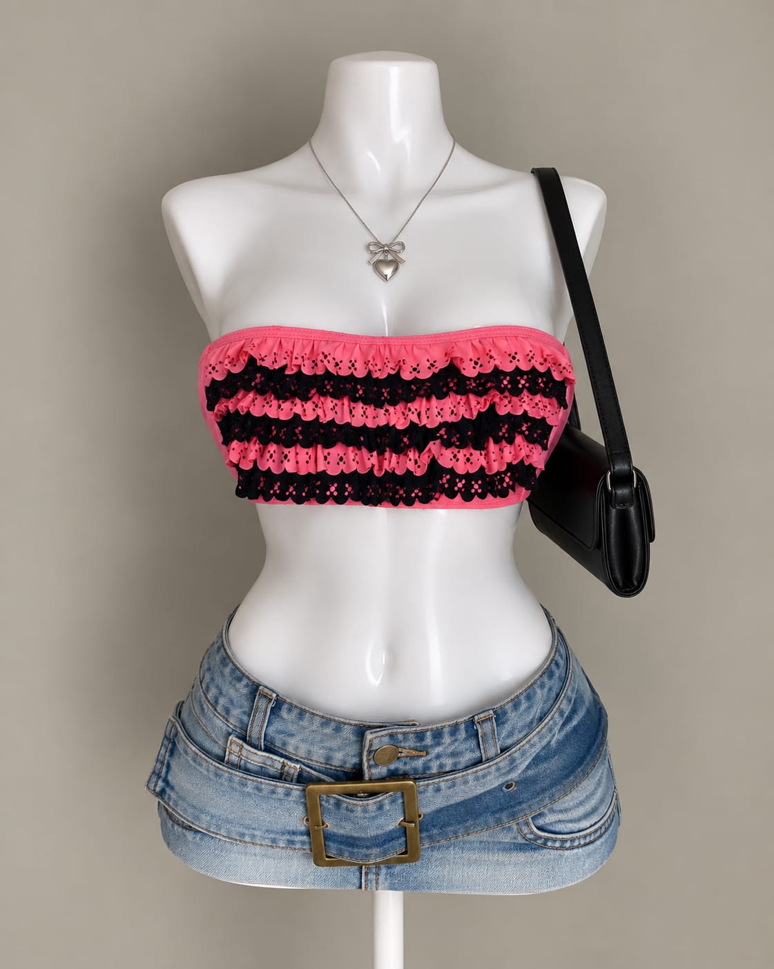 Pink Black Ruffle Bandeau Top