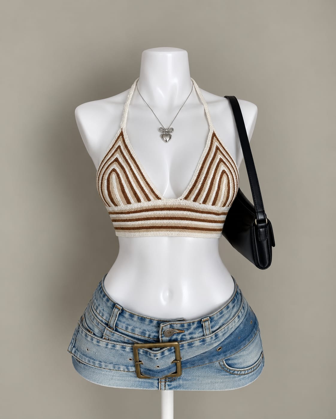 Cream Brown Crochet Crop Top