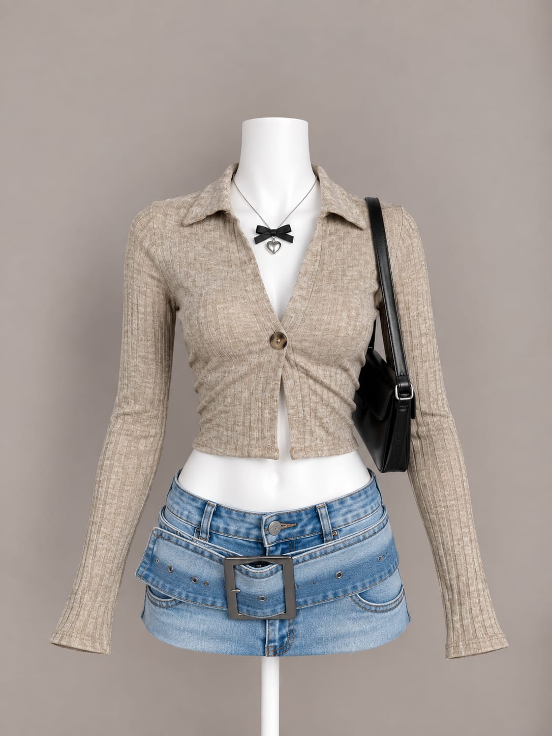 Beige Collared Crop Top