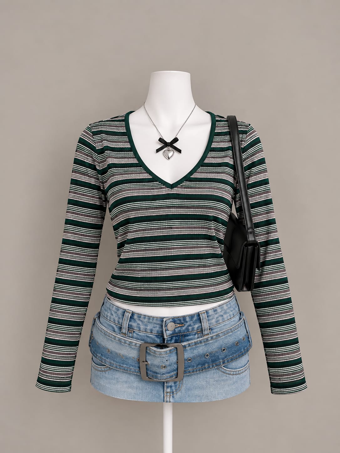Dark Green Striped Long Sleeve Top