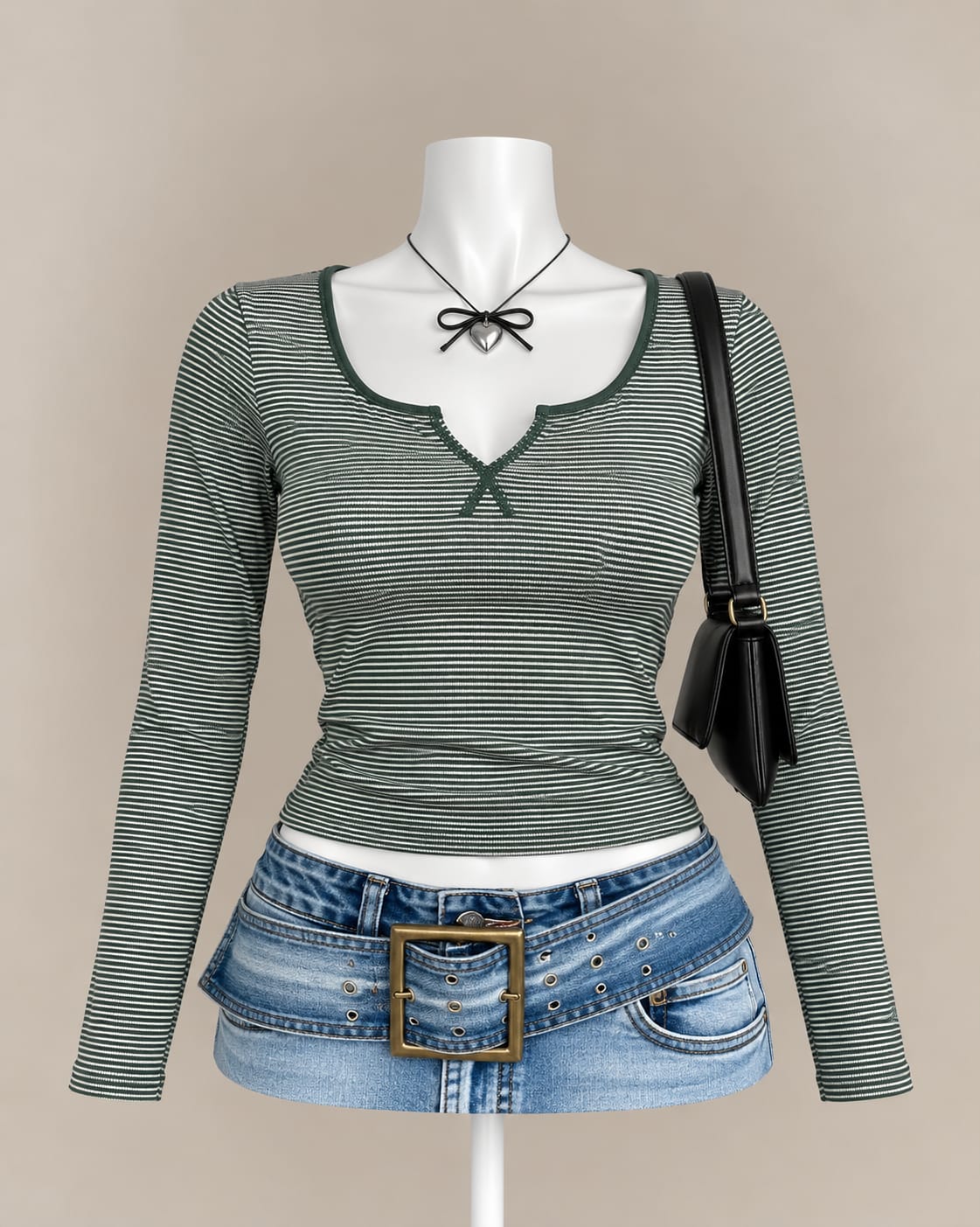 Dark Green Striped Top