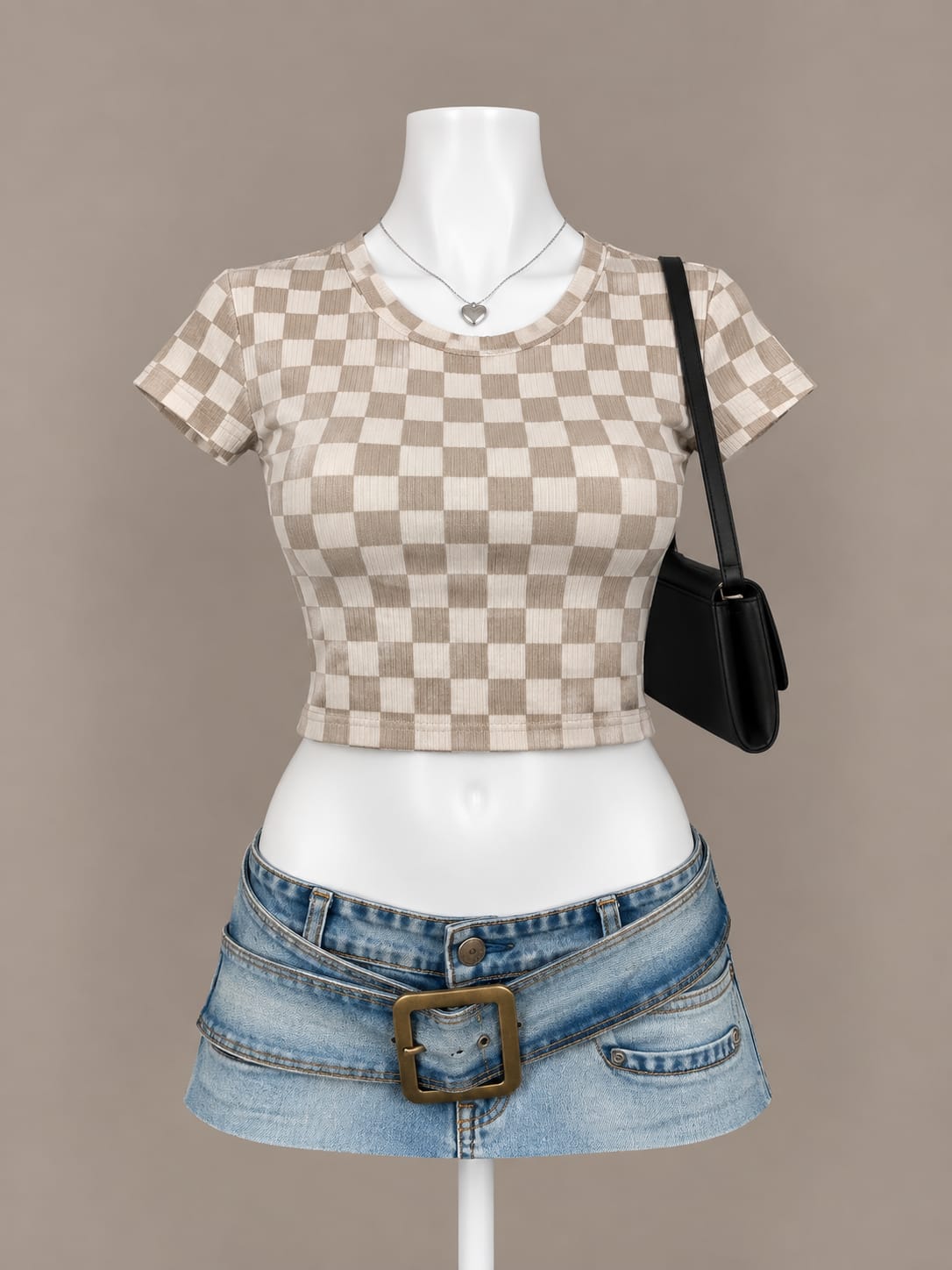 Beige Checkered Crop Top