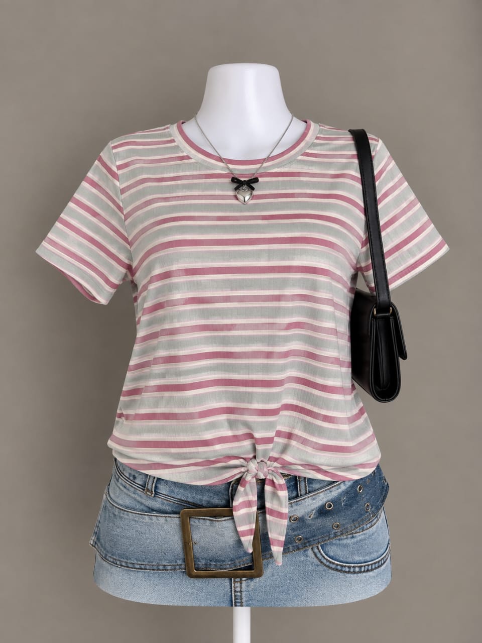 Pink, white and sage striped tie front short sleeve top