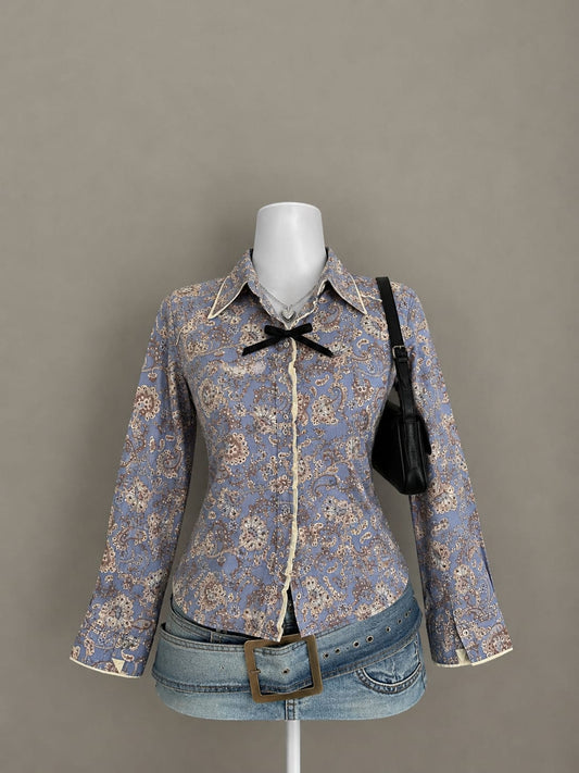 Blue Paisley Contrast-Trim Shirt