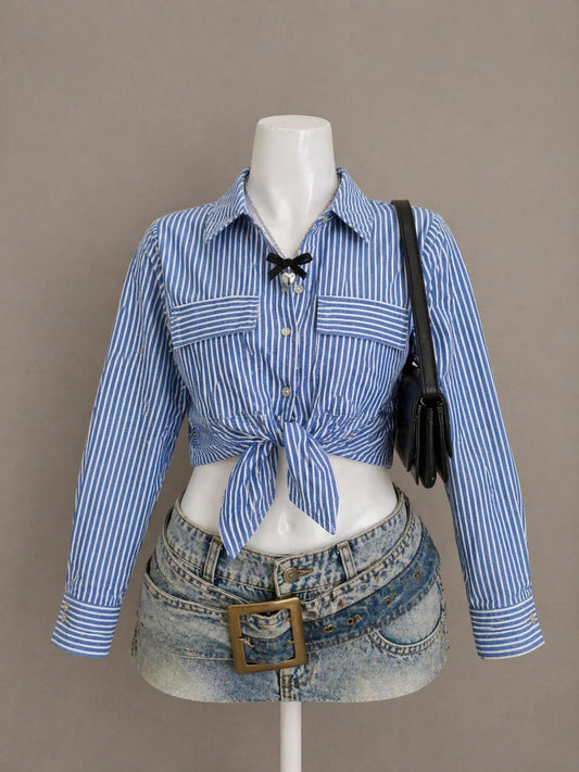 Blue Stripe Tie-Front Crop Shirt