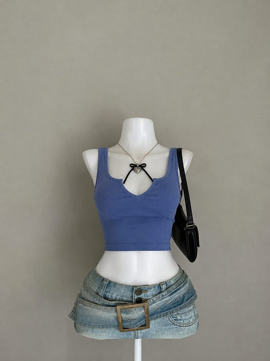 Steel Blue Ribbed V-Neck Cutout Detail Wide Strap Fitted Crop Tank Top