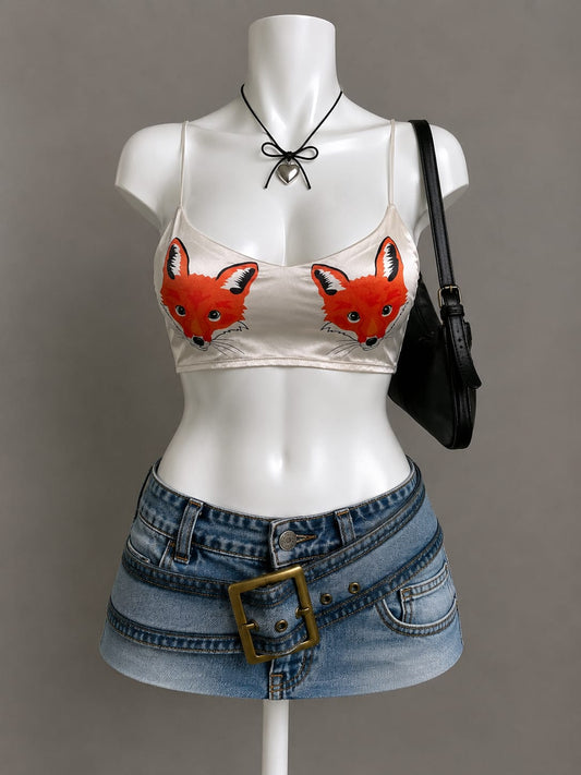 White Fox Print Spaghetti Strap Crop Top