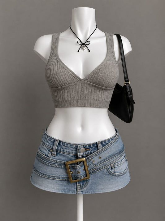 Grey Ribbed V-Neck Wrap Crop Bralette Top