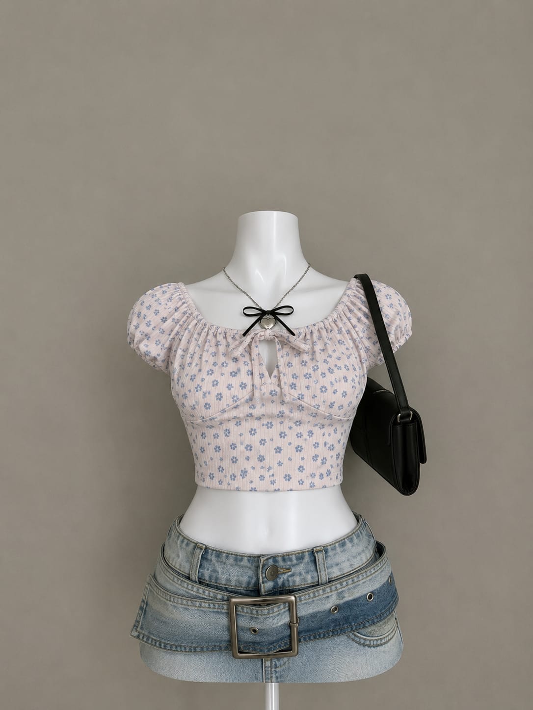 Pink Floral Puff Sleeve Crop Top