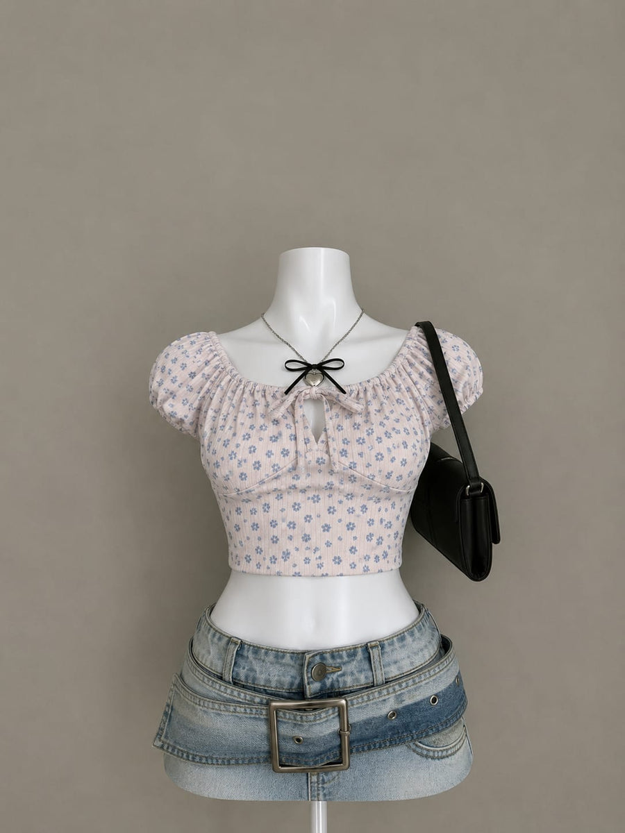 Pink Floral Puff Sleeve Crop Top