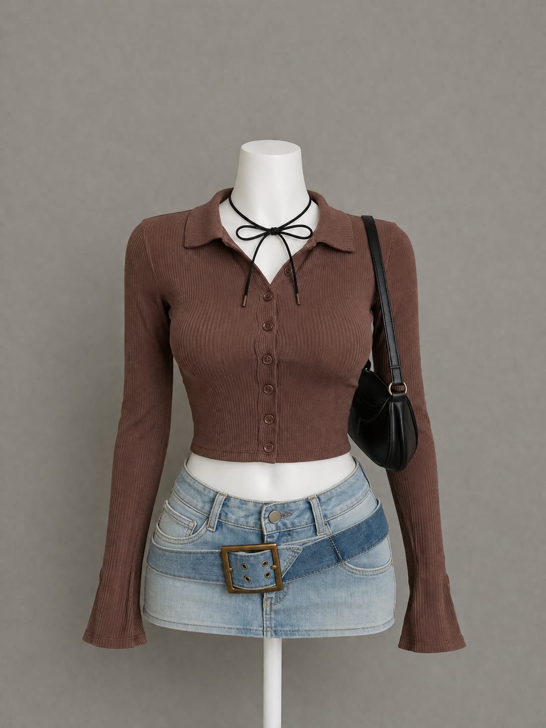Brown Button-Front Collared Crop Top