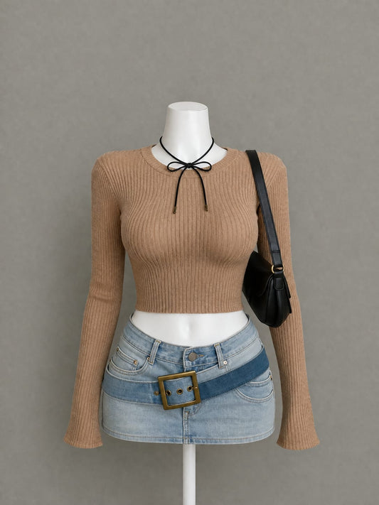 Beige Tie-Neck Ribbed Knit Top