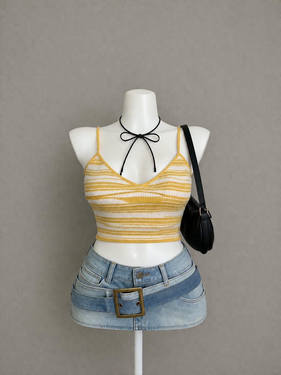 Yellow Striped Tie-Neck Cami Crop Top
