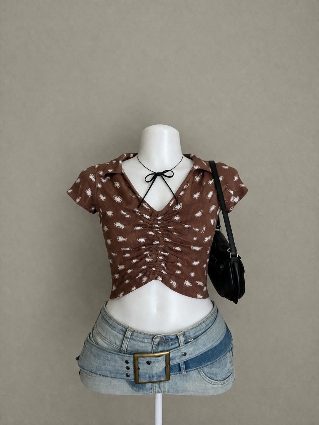 Brown Heart Print Ruched Crop Top