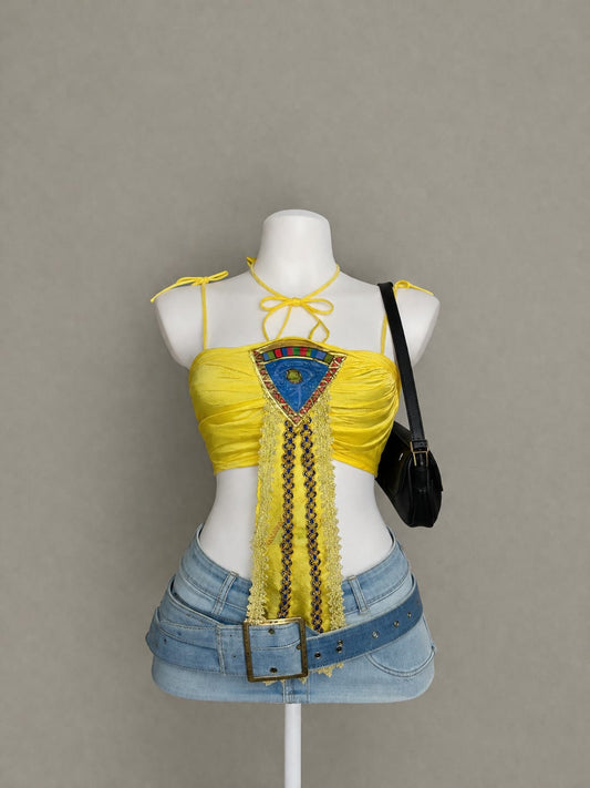 Yellow Embellished Halter Crop Top