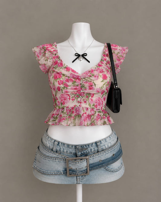 Pink Floral Ruffle Peplum Top