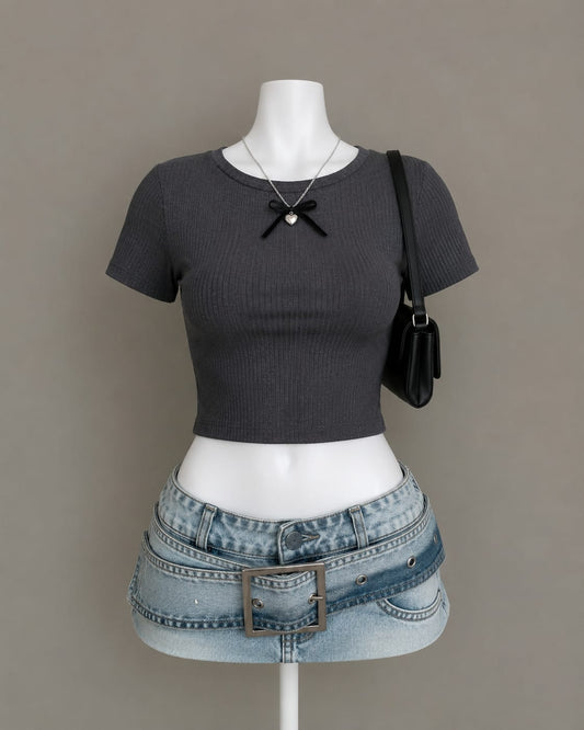Charcoal Ribbed Crew Neck Crop Top