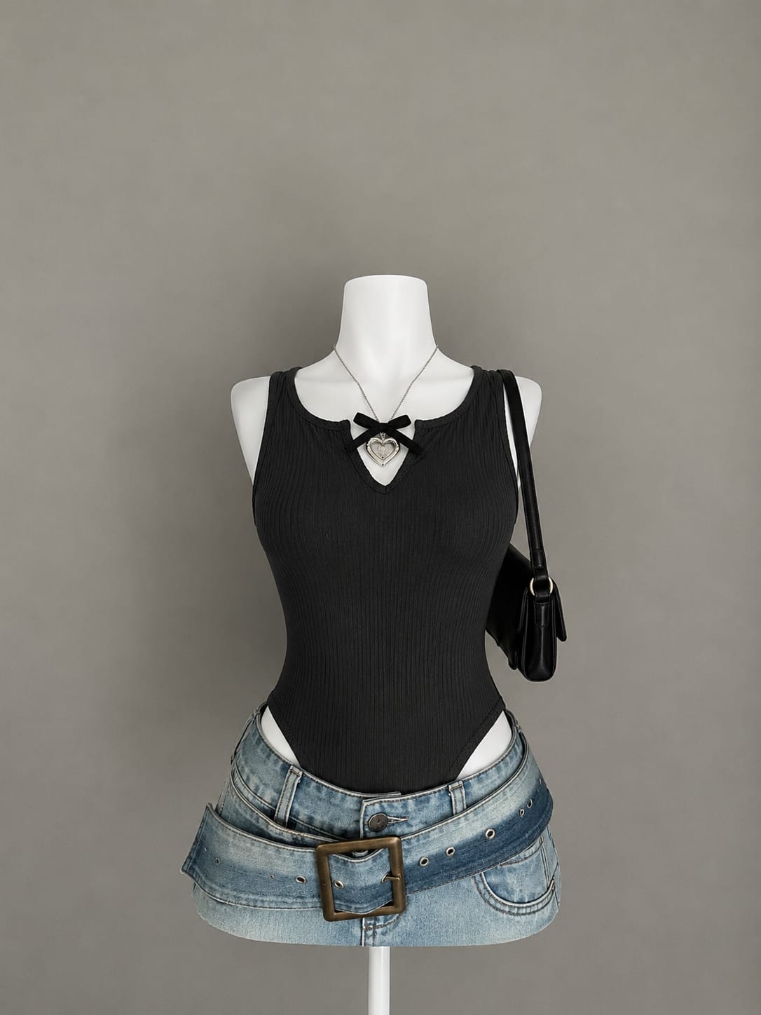 Black Ribbed Textured Sleeveless Scoop Neck Bodysuit with Bow Cutout