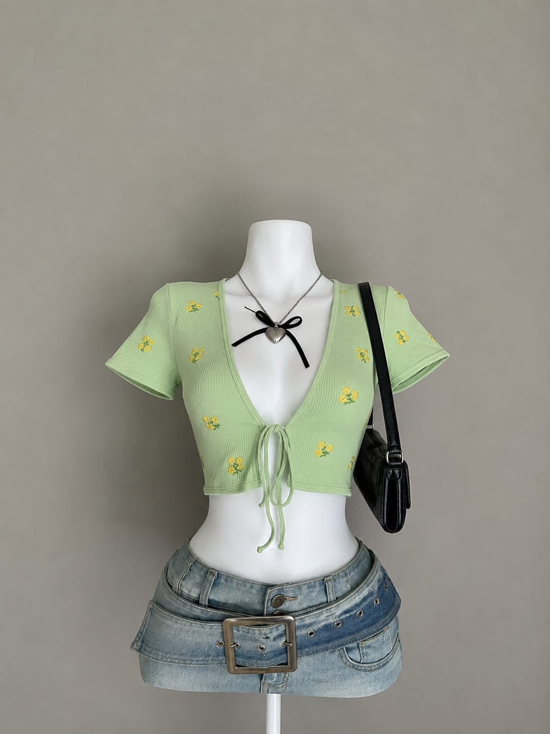 Mint Green Ribbed Floral Embroidered Deep V-Neck Tie-Front Short Sleeve Crop Top