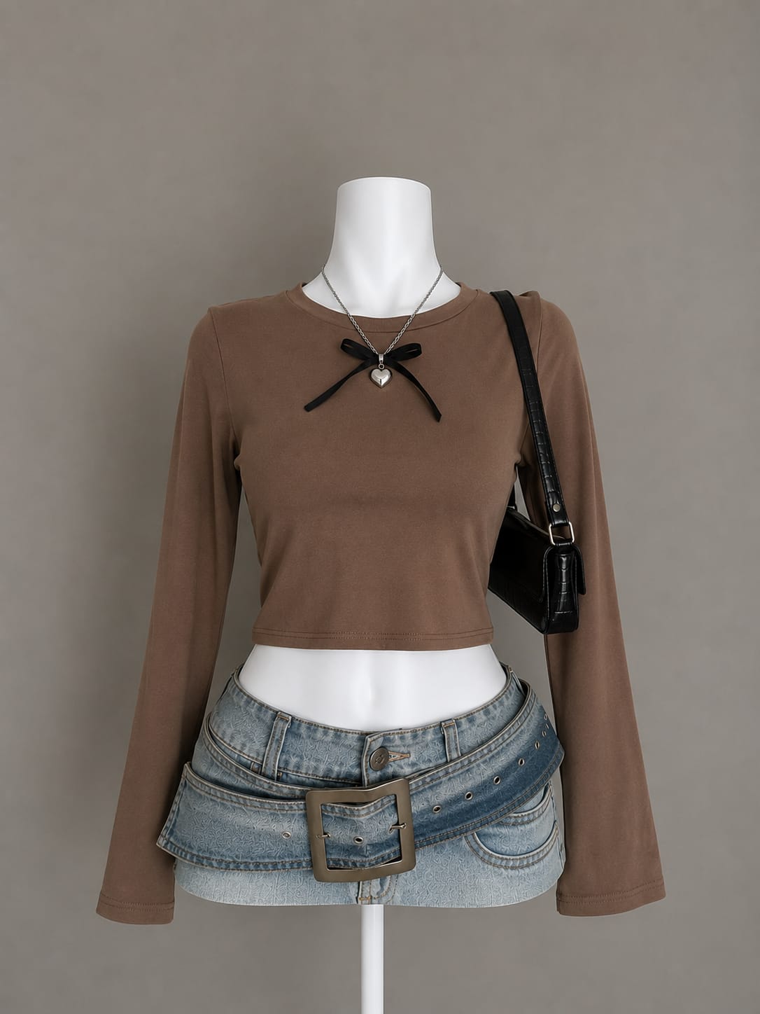Chocolate Brown Crew Neck Long Sleeve Flared Cuff Fitted Crop Top