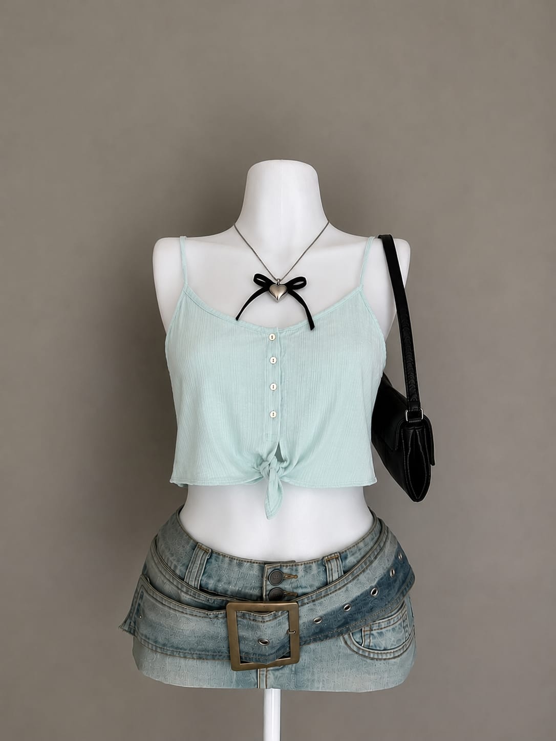 Mint Blue Ribbed Button-Down Spaghetti Strap Knotted Hem Cami Top