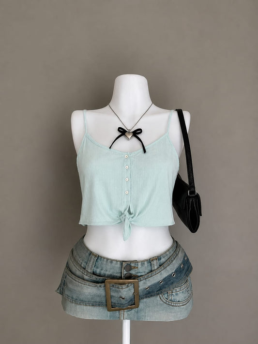 Mint Blue Ribbed Button-Down Spaghetti Strap Knotted Hem Cami Top