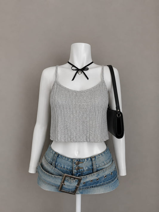 Light Grey Metallic Shimmer Ribbed Scoop Neck Spaghetti Strap Sleeveless Fitted Crop Cami Top