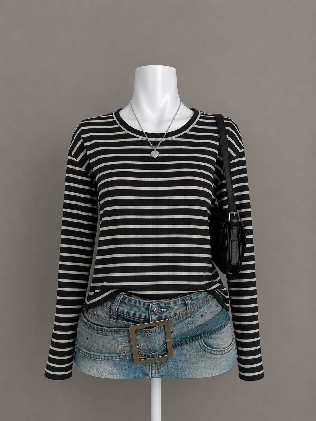 Black White Horizontal Stripe Ribbed Crew Neck Long Sleeve Fitted Top