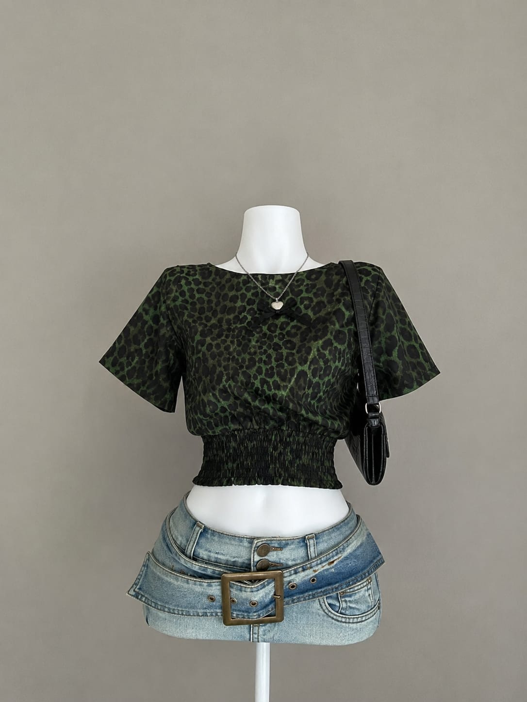 Dark Olive Green Leopard Print Flutter Sleeve Smocked Hem Crop Top