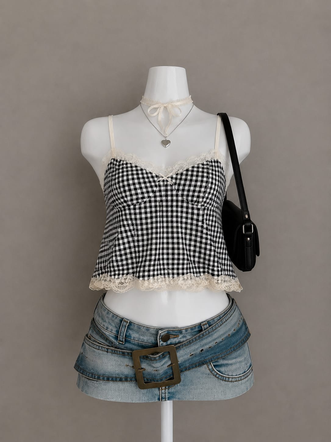 Black White Gingham Check Sweetheart Neck Cream Lace Trim Bow Spaghetti Strap Crop Cami Top