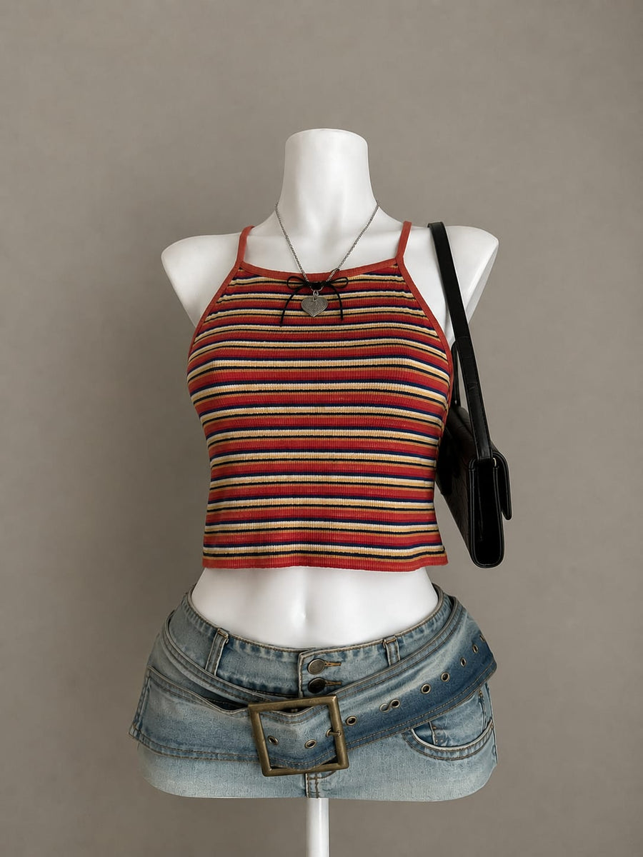 Red Multi-Colour Stripe Ribbed Halter Neck Spaghetti Strap Fitted Crop Cami Top