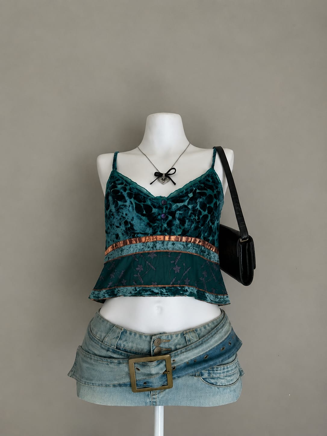 Teal Green Velvet Floral Burnout Lace Trim Copper Ribbon Waist Spaghetti Strap Peplum Crop Cami Top
