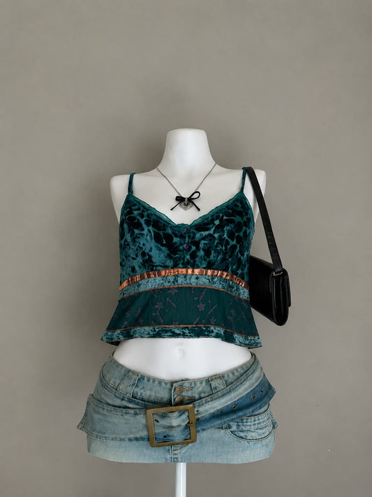Teal Green Velvet Floral Burnout Lace Trim Copper Ribbon Waist Spaghetti Strap Peplum Crop Cami Top