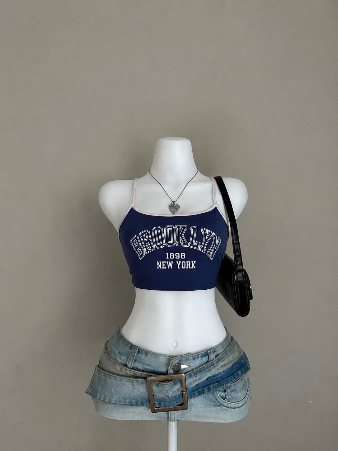 Navy Blue Brooklyn 1898 New York Varsity Print Spaghetti Strap Fitted Crop Top