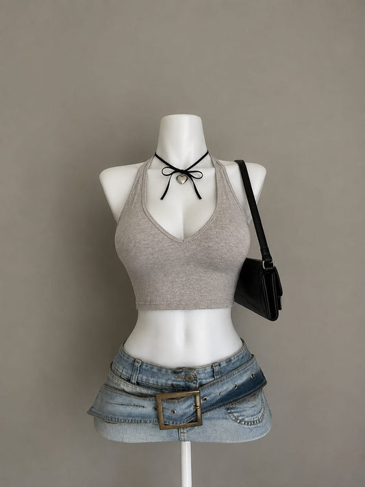 Grey Marl Racerback V-Neck Fitted Crop Tank Top