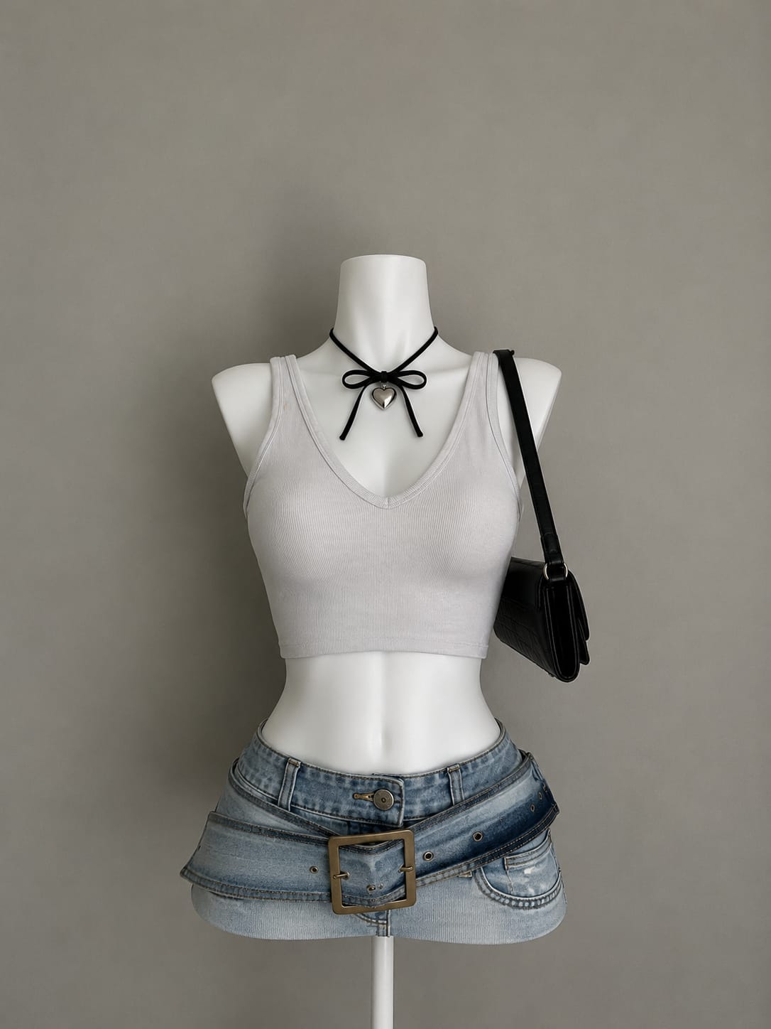 Off-White Ribbed V-Neck Wide Strap Fitted Crop Tank Top