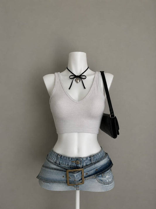 Off-White Ribbed V-Neck Wide Strap Fitted Crop Tank Top