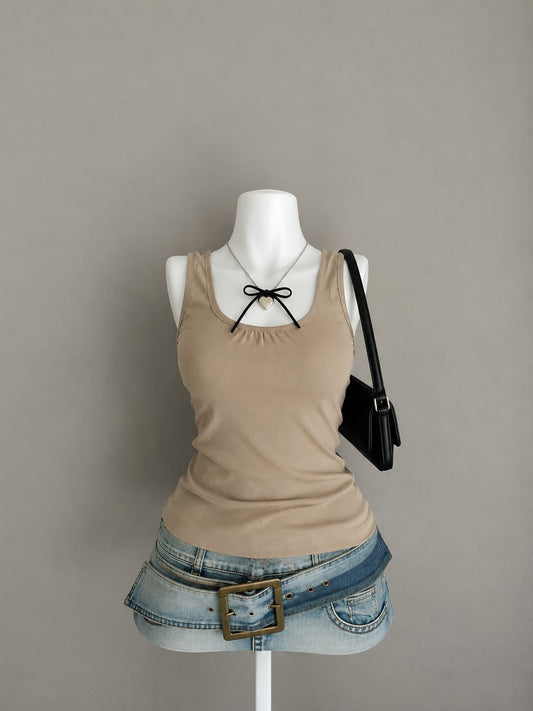 Camel Smooth Jersey Scoop Neck Ruched Neckline Sleeveless Fitted Tank Top