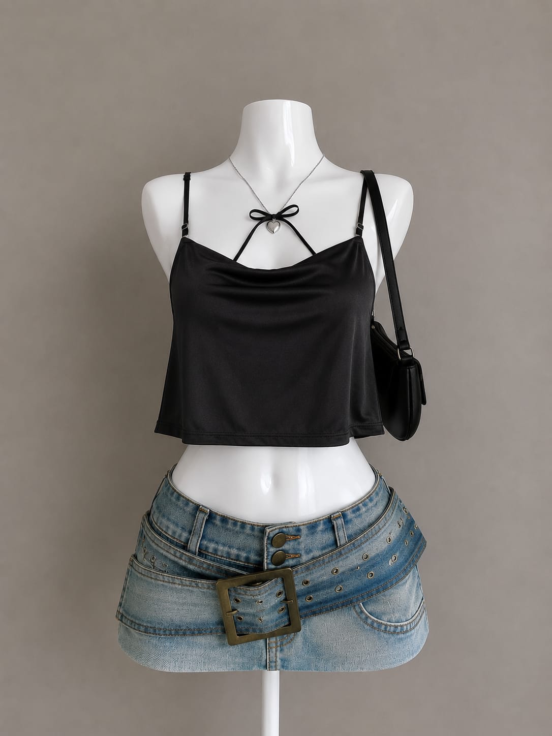 Black Satin Cowl Neck Adjustable Strap Loose Fitted Crop Cami Top