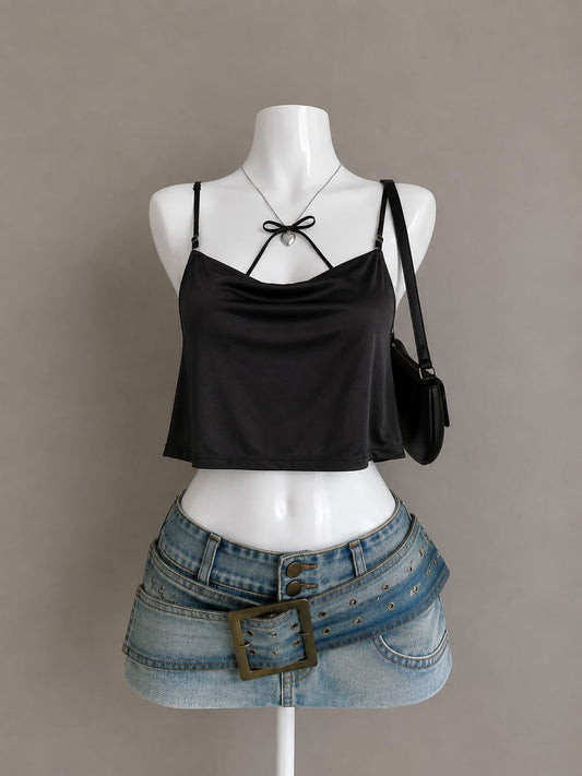 Black Satin Cowl Neck Adjustable Strap Loose Fitted Crop Cami Top