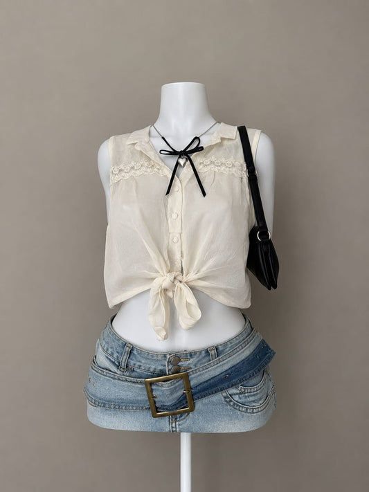 Cream Sheer Chiffon Collar Neck Lace Trim Yoke Button Front Tie Hem Sleeveless Loose Crop Blouse