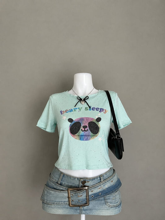 Mint Green Glitter Sparkle Beary Sleepy Panda Sequin Graphic Print Round Neck Short Sleeve Crop T-Shirt