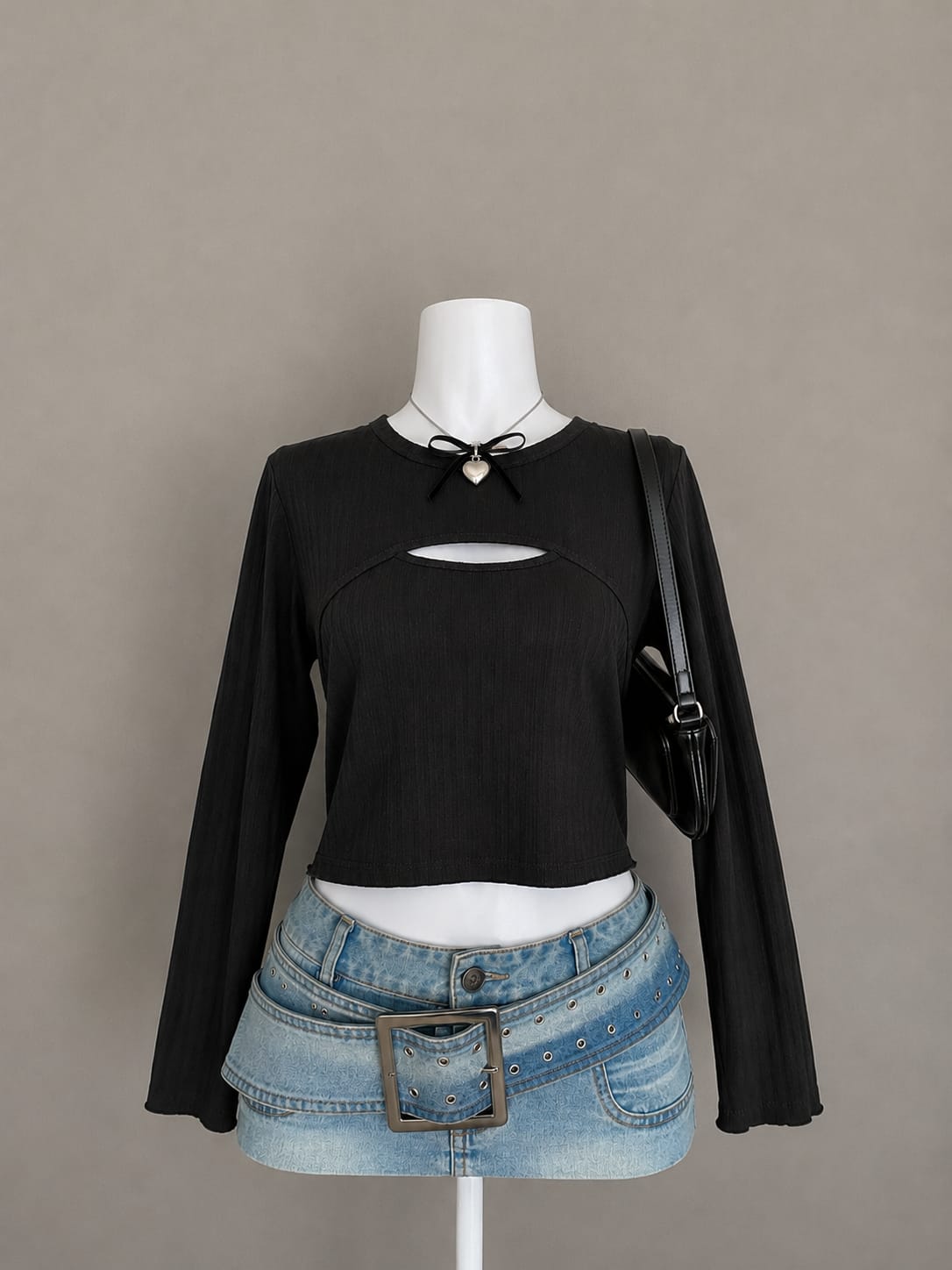 Black Ribbed Round Neck Underbust Oval Cutout Long Flare Sleeve Fitted Crop Top