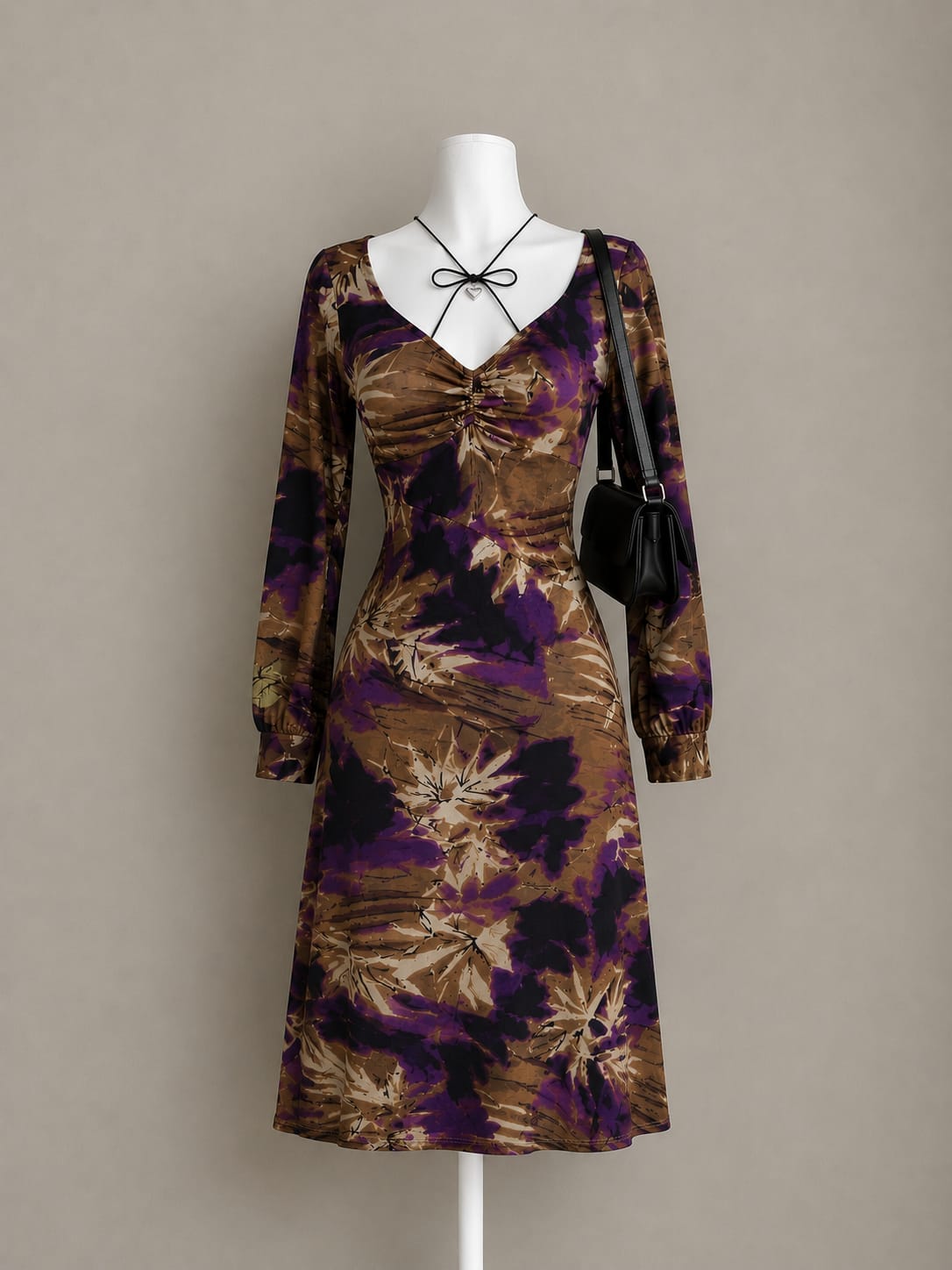 Purple Brown Black Tropical Leaf Print V-Neck Ruched Bust Centre Drawstring Long Sleeve Midi Dress