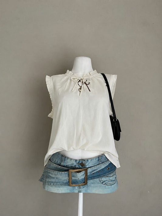 Cream Chiffon Smocked Ruffle Neck Front Tie Bow Flutter Sleeve Loose Blouse Top