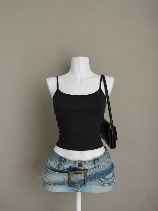Black Smooth Cotton Scoop Neck Spaghetti Strap Sleeveless Fitted Crop Cami Top